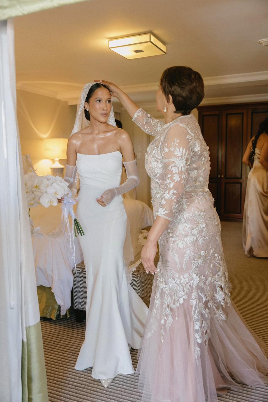 Bride getting ready with mother — classic bridal makeup